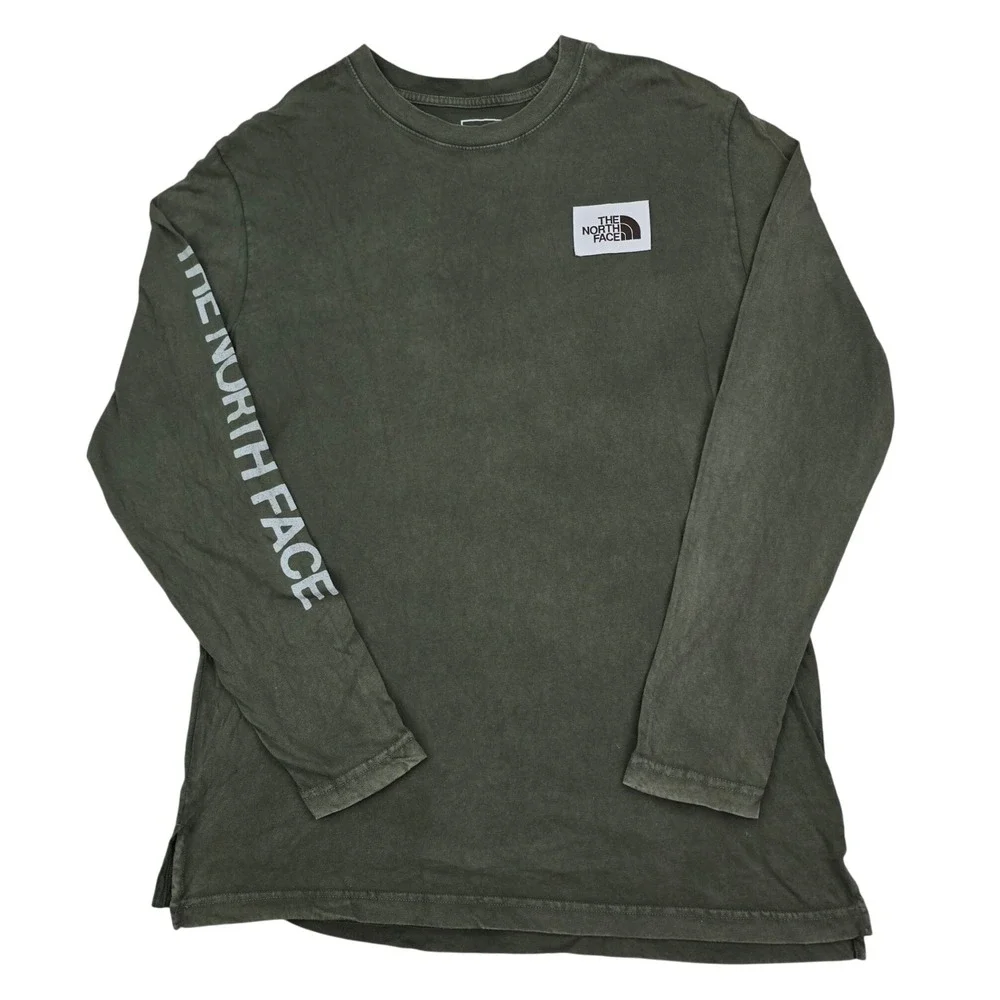 The North Face Long Sleeve Shirt Mens Large Olive Green Sleeve Logo Patch Tee